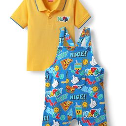 Babyhug Single Jersey Knit Half Sleeves Polo T-Shirt & Dungaree with Nice Text Print - Yellow & Blue-image-9