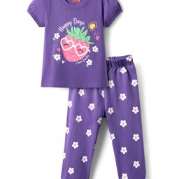 Babyhug Cotton Knit Full Length Night Suit With Floral & Text Print - Violet-image-25