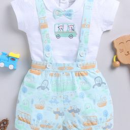 Wonderchild Full Sleeves Bus Embroidered Tee With Vehicles Printed Gallice Shorts & Attached Suspender & Bow Set - White & Sea Green-image-31