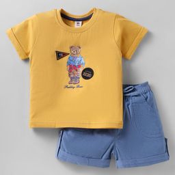ToffyHouse Interlock Woven Half Sleeves T-Shirt & Shorts Set with Teddy Print - Yellow-image-82