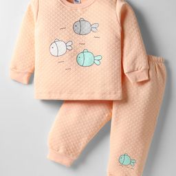 Tango Knit Full Sleeves Winter Wear Quilted Sweatshirt & Lounge Pant Set with Fish Print - Peach-picture-25