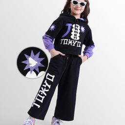 OLLINGTON ST. Cotton Looper Knit Full Sleeves Hoodie Top & Knit Joggers with Text Print - Purple & Black-picture-11