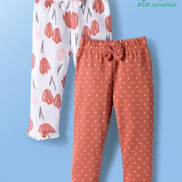 Babyoye 100% Cotton Knit with Eco Jiva Finish Full Length Leggings with Polka Dot Floral Print & Bow Applique Pack of 2 - White & Dark Peach-picture-42