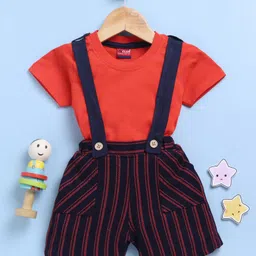 Jb Club Cotton Knit Striped Dungaree With Half Sleeves Tee - Red-picture-21