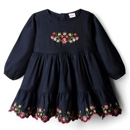 Babyhug Cotton Woven Full Sleeves Frock With Floral Embriodery - Navy Blue-picture-39