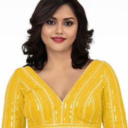 PU FASHION Women Embroidered V-Neck Yellow Ready to Wear Saree Blouse-image-97