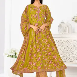 Larqi Women Floral Printed Cotton Anarkali Kurta with Trousers & Dupatta-picture-7