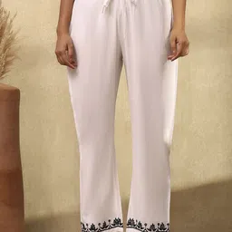 House of Chikankari Women White Solid Chikankari Trousers-image-47