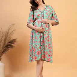 House Of Zelena Women Floral Printed V-Neck Maternity Midi Shirt Dress-picture-7