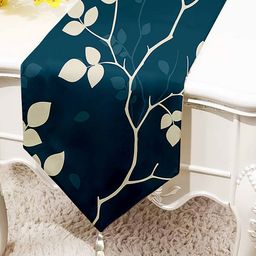 STITCHNEST Teal Blue & Beige Printed Tasseled TableRunner-35