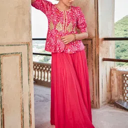 Jaipur Kurti Bandhani Printed Peplum Top With Palazzo-image-28