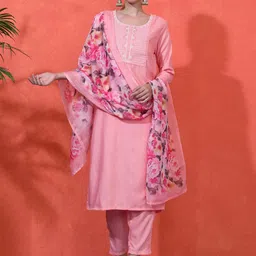 Sangria Women Embroidered Straight Kurta With Trousers & Dupatta-image-92