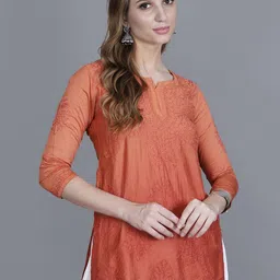 NAZAQAT ETHNIC INDIA Women Chanderi Chikankari Straight Fit Short Kurti with Bakhhiya Work-picture-19