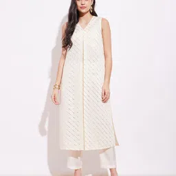 Pink Fort Striped V-Neck Straight Kurta with Trousers-42