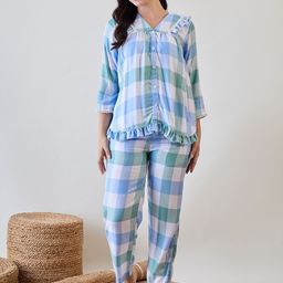 The Kaftan Company Women V-Neck Checked Night Suit-picture-57