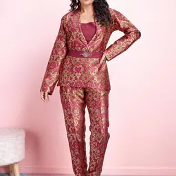 Krimmple Woven Design Shawl Neck Top & Trousers With Jacket Co-Ords-picture-56