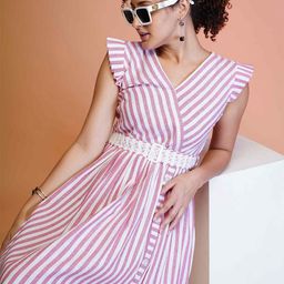 TextileNow Striped Flutter Sleeve Fit & Flare Midi Dress-picture-0