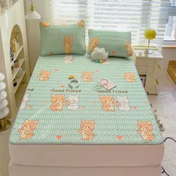 JC HOME Green & Orange Graphic 160 TC Fitted King Bedsheet with 2 Pillow Covers-image-87