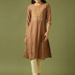 Anouk Women Floral Embroidered Keyhole Neck Thread Work Kurta-16