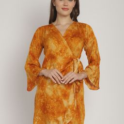 Blissence Women Tie and Dye Print Bell Sleeve Wrap Dress-image-32