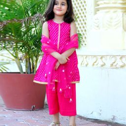 Piccolo Sleeveless Gota Patti Work Kurta With Pants & Dupatta - Dark Pink-image-82