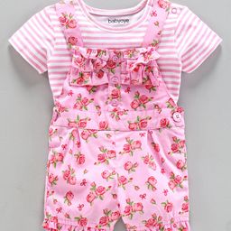 Babyoye Cotton Blend Dungaree with Half Sleeves Striped Inner Tee Rose Print - Pink-image-63