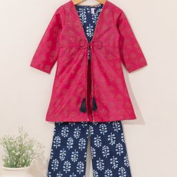 Babyhug Full Sleeves Top and Palazzo Pant with Shrug - Blue Pink-image-100