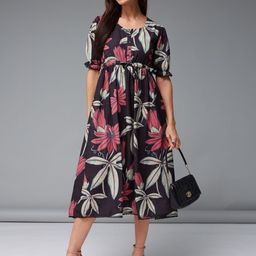 COLORCART Floral Printed Puff Sleeve Fit & Flare Midi Dress-image-57