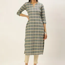 KALINI Checked Round Neck Cotton Straight Kurta-image-41
