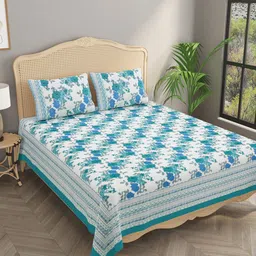 Gulaab Jaipur White & Blue Floral 400 TC King Bedsheet with 2 Pillow Covers-65