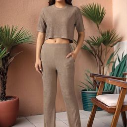 Mast & Harbour Self-Design Round Neck Crop Top With Trousers Co-Ords-picture-5