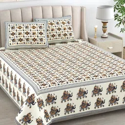 The Craft Monk Beige & Blue King Bedsheet with 2 Pillow Covers-image-39