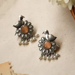 NAMAN ARTS Silver-Plated Stones Studded & Beaded Oxidised Animal Shaped Drop Earrings-18