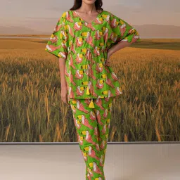 PHUTARI Toucan Chill Jams Printed Pure Cotton V-Neck Top With Trousers-image-9
