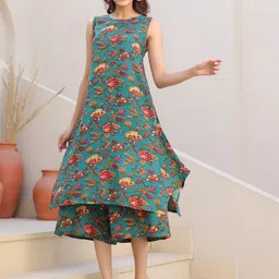Janasya Women's Green Rayon Floral Printed A-line Kurta With Culotte Pant Set-19