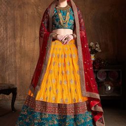 ETHNIC PLUS Embroidered Sequinned Semi-Stitched Silk Lehenga & Unstitched Blouse & Dupatta-image-47