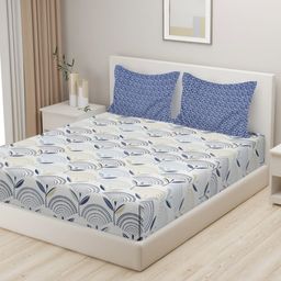Myntra Elegant Homes White & Blue Geometric 280 TC Double King Bedsheet Set-2.74m x 2.54m-image-46