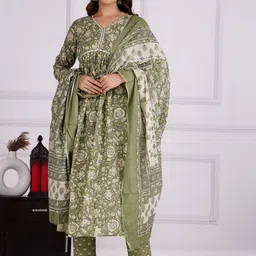 Moda Rapido Floral Printed Mirror Work Empire Pure Cotton Kurta With Trousers & Dupatta-picture-24