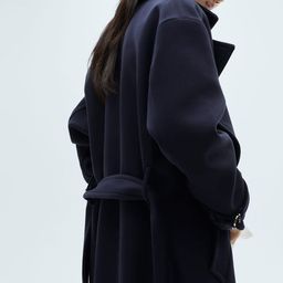 MANGO Notched Lapel Collar Oversized Front-Open Longline Overcoat with Belt image 5
