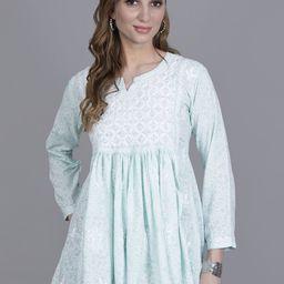 NAZAQAT ETHNIC INDIA Chikankari Sea Green Mulmul Brasso Embroidered Cotton A-Line Kurti-picture-28