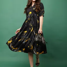 Moda Rapido Women Floral Print Puff Sleeve Crepe Fit & Flare Midi Dress-picture-55