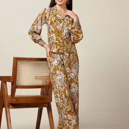 Moda Rapido Floral Printed Shirt Collar Long Sleeves Shirt With Trousers-image-74