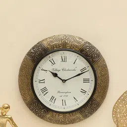 vedas C-Zeya Gold-Toned & White Round Shaped Heritage Wooden Polished Wall Clock-image-57