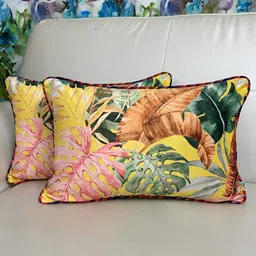 TARA- Sparkling Homes Yellow & Green Set of 2 Floral Velvet Rectangle Cushion Covers image 1