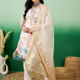 SAINOOR Floral Printed Stones & Beads Work Organza Semi-Stitched Dress Material-image-117