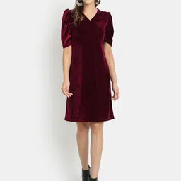 Golden Kite Puff Sleeve Velvet Above Knee Sheath Dress-picture-16