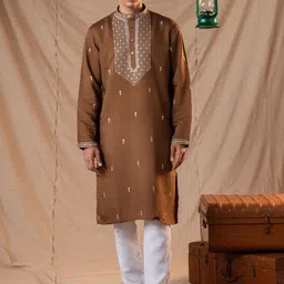 5 Stitch Men Ethnic Motifs Embroidered Sequinned Chanderi Silk Kurta-image-70