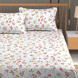 MallowWorld Cream-Coloured & Red Floral 200 TC Queen Bedsheet with 2 Pillow Covers-20