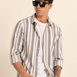 Bushirt Men Classic Fit Vertical Striped Spread Collar Cotton Casual Shirt-picture-44