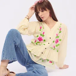 all about you Women Floral Print Ruffles Cotton Peplum Top-image-92